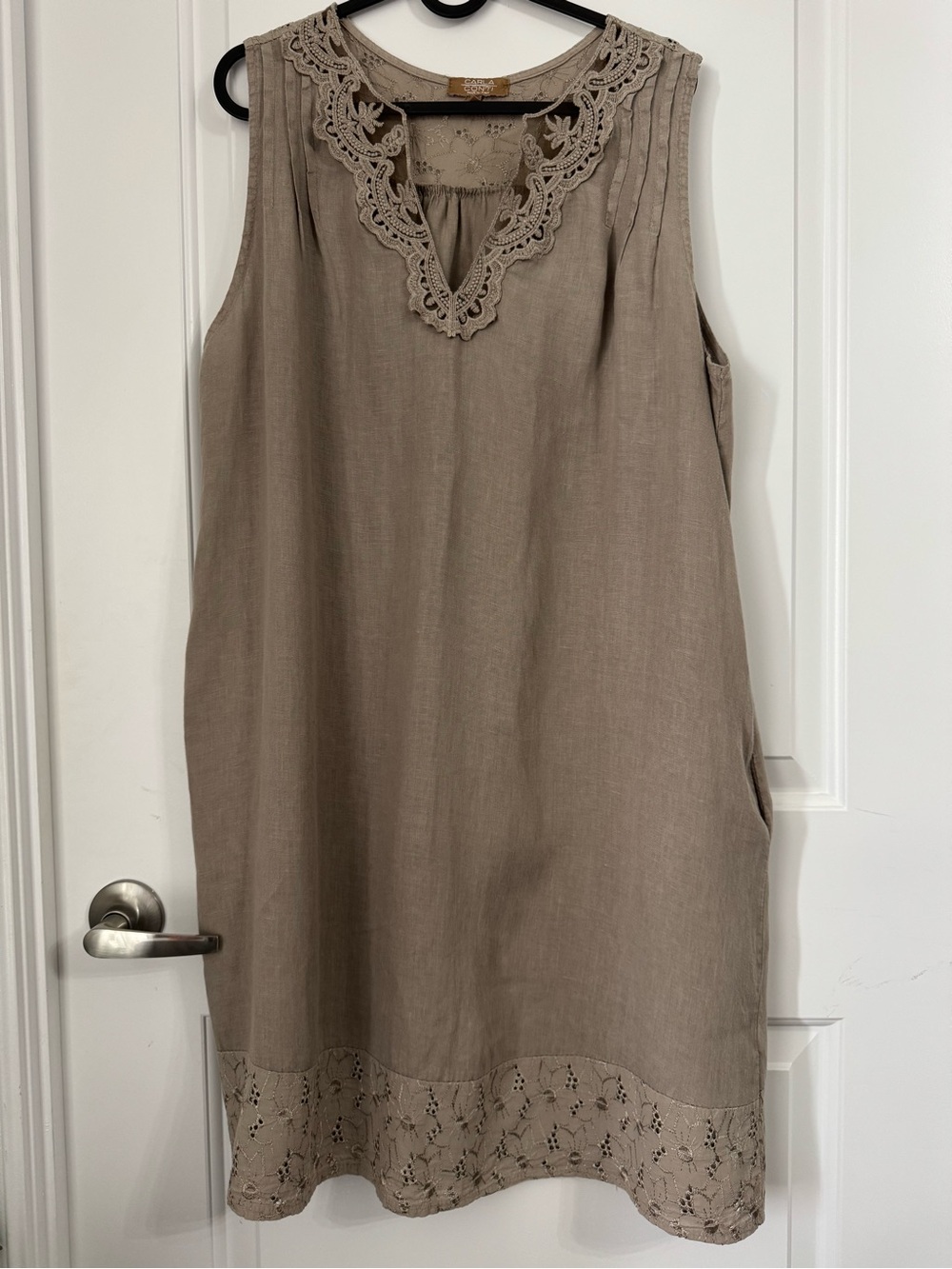 Carla Conti Linen Dress with Lace and Pockets, Taupe Light Brown Tan, Large